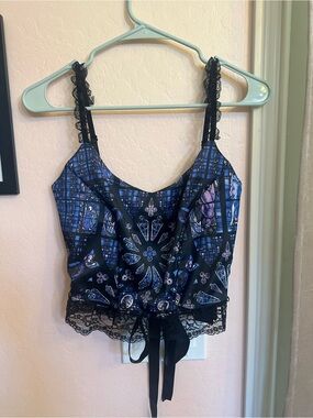 Dolls Kill Widow Lace-Up Corset with Purple & Blue Stained-Glass Print NWT